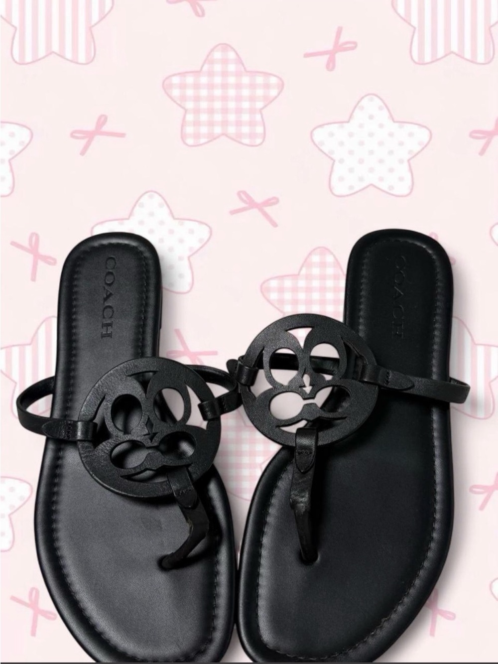 Coach Black Leather Signature Cutout Thong Sandals